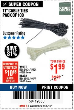 Harbor Freight Coupon 11" CABLE TIES PACK OF 100 Lot No. 34636/69404/60266/34637/69405/60277 Expired: 8/25/19 - $1.99