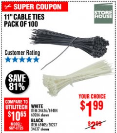 Harbor Freight Coupon 11" CABLE TIES PACK OF 100 Lot No. 34636/69404/60266/34637/69405/60277 Expired: 10/4/19 - $1.99