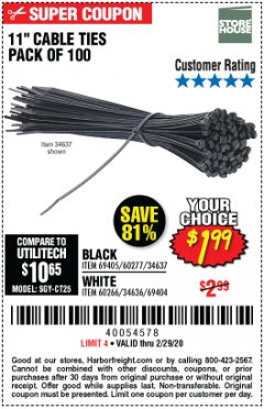 Harbor Freight Coupon 11" CABLE TIES PACK OF 100 Lot No. 34636/69404/60266/34637/69405/60277 Expired: 2/29/20 - $1.99