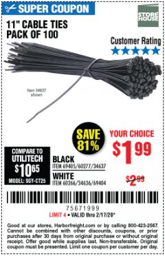 Harbor Freight Coupon 11" CABLE TIES PACK OF 100 Lot No. 34636/69404/60266/34637/69405/60277 Expired: 2/17/20 - $1.99