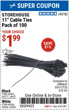 Harbor Freight Coupon 11" CABLE TIES PACK OF 100 Lot No. 34636/69404/60266/34637/69405/60277 Expired: 8/31/20 - $1.99