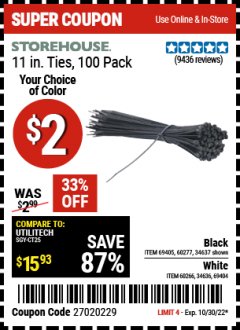 Harbor Freight Coupon 11" CABLE TIES PACK OF 100 Lot No. 34636/69404/60266/34637/69405/60277 Expired: 10/30/22 - $2