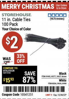 Harbor Freight Coupon 11" CABLE TIES PACK OF 100 Lot No. 34636/69404/60266/34637/69405/60277 Expired: 12/26/22 - $2