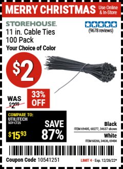 Harbor Freight Coupon 11" CABLE TIES PACK OF 100 Lot No. 34636/69404/60266/34637/69405/60277 Expired: 12/26/21 - $2