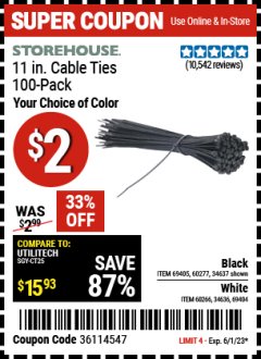 Harbor Freight Coupon 11" CABLE TIES PACK OF 100 Lot No. 34636/69404/60266/34637/69405/60277 Expired: 6/1/23 - $2