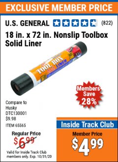 Harbor Freight Coupon 18" x 72" NONSLIP TOOLBOX SOLID LINER Lot No. 65565 Expired: 10/31/20 - $4.99