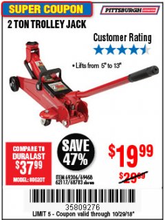 Harbor Freight Coupon 2 TON TROLLEY JACK Lot No. 64873, 64908, 56217, 64874 Expired: 10/29/18 - $19.99