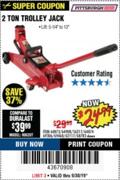 Harbor Freight Coupon 2 TON TROLLEY JACK Lot No. 64873, 64908, 56217, 64874 Expired: 9/30/19 - $24.99