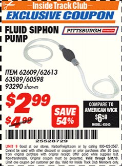 Harbor Freight ITC Coupon FLUID SIPHON PUMP Lot No. 93290/60598/62609/62613 Expired: 8/31/18 - $2.99