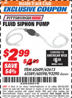 Harbor Freight ITC Coupon FLUID SIPHON PUMP Lot No. 93290/60598/62609/62613 Expired: 3/31/19 - $2.99