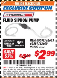 Harbor Freight ITC Coupon FLUID SIPHON PUMP Lot No. 93290/60598/62609/62613 Expired: 5/31/19 - $2.99