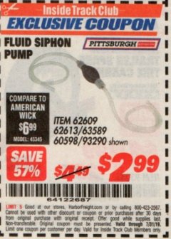 Harbor Freight ITC Coupon FLUID SIPHON PUMP Lot No. 93290/60598/62609/62613 Expired: 7/31/19 - $2.99