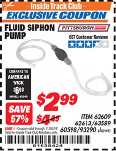 Harbor Freight ITC Coupon FLUID SIPHON PUMP Lot No. 93290/60598/62609/62613 Expired: 11/30/19 - $2.99