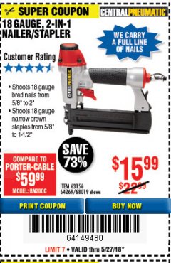 Harbor Freight Coupon 18 GAUGE 2-IN-1 NAILER/STAPLER Lot No. 68019/61661/63156 Expired: 5/27/18 - $15.99