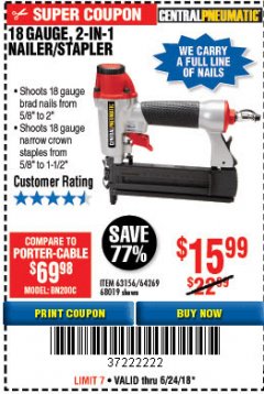 Harbor Freight Coupon 18 GAUGE 2-IN-1 NAILER/STAPLER Lot No. 68019/61661/63156 Expired: 6/24/18 - $15.99