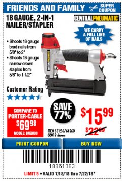 Harbor Freight Coupon 18 GAUGE 2-IN-1 NAILER/STAPLER Lot No. 68019/61661/63156 Expired: 7/22/18 - $15.99