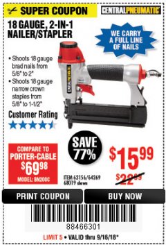 Harbor Freight Coupon 18 GAUGE 2-IN-1 NAILER/STAPLER Lot No. 68019/61661/63156 Expired: 9/16/18 - $15.99