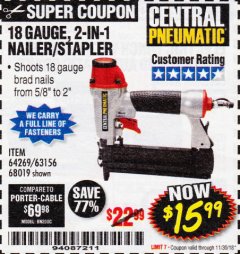 Harbor Freight Coupon 18 GAUGE 2-IN-1 NAILER/STAPLER Lot No. 68019/61661/63156 Expired: 11/30/18 - $15.99
