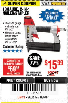 Harbor Freight Coupon 18 GAUGE 2-IN-1 NAILER/STAPLER Lot No. 68019/61661/63156 Expired: 11/4/18 - $15.99