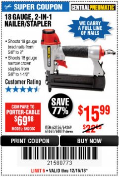 Harbor Freight Coupon 18 GAUGE 2-IN-1 NAILER/STAPLER Lot No. 68019/61661/63156 Expired: 12/16/18 - $15.99