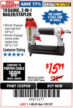 Harbor Freight Coupon 18 GAUGE 2-IN-1 NAILER/STAPLER Lot No. 68019/61661/63156 Expired: 1/31/19 - $15.99
