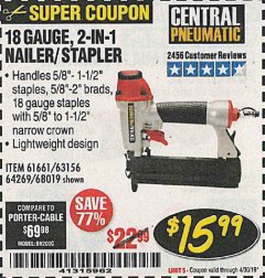 Harbor Freight Coupon 18 GAUGE 2-IN-1 NAILER/STAPLER Lot No. 68019/61661/63156 Expired: 4/30/19 - $15.99