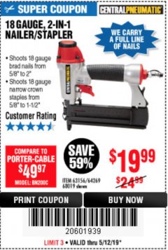 Harbor Freight Coupon 18 GAUGE 2-IN-1 NAILER/STAPLER Lot No. 68019/61661/63156 Expired: 5/12/19 - $19.99