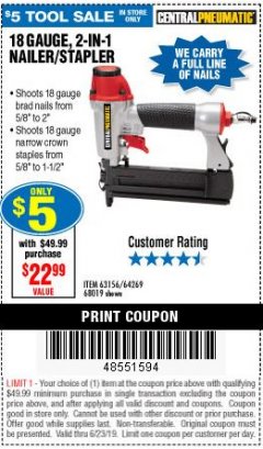 Harbor Freight Coupon 18 GAUGE 2-IN-1 NAILER/STAPLER Lot No. 68019/61661/63156 Expired: 6/23/19 - $5