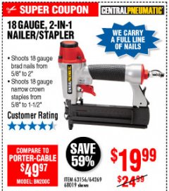 Harbor Freight Coupon 18 GAUGE 2-IN-1 NAILER/STAPLER Lot No. 68019/61661/63156 Expired: 10/4/19 - $19.99