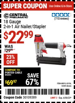 Harbor Freight Coupon 18 GAUGE 2-IN-1 NAILER/STAPLER Lot No. 68019/61661/63156 Expired: 4/30/23 - $22.99