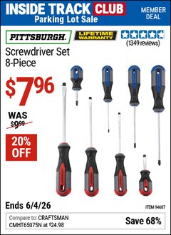 Harbor Freight Coupon PITTSBURGH SCREWDRIVER SET, 8-PIECE Lot No. 94607 Valid: 12/31/69 - 6/4/26 - $7.96