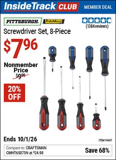 Harbor Freight Coupon PITTSBURGH SCREWDRIVER SET, 8-PIECE Lot No. 94607 Valid: 12/31/69 - 10/1/26 - $7.96