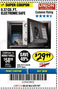 Harbor Freight Coupon 0.37 CUBIC FT. ELECTRONIC DIGITAL SAFE Lot No. 62238/93575 Expired: 5/31/18 - $29.99