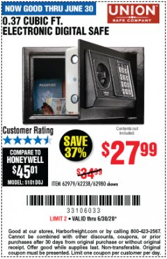 Harbor Freight Coupon 0.37 CUBIC FT. ELECTRONIC DIGITAL SAFE Lot No. 62238/93575 Expired: 6/30/20 - $27.99