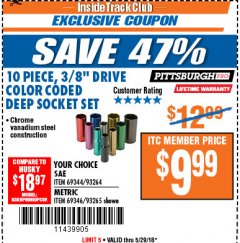 Harbor Freight ITC Coupon 10 PIECE 3/8" DRIVE COLOR CODED DEEP WALL SOCKET SETS Lot No. 69344/93264/69346/93265 Expired: 5/29/18 - $9.99