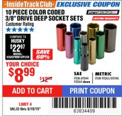 Harbor Freight ITC Coupon 10 PIECE 3/8" DRIVE COLOR CODED DEEP WALL SOCKET SETS Lot No. 69344/93264/69346/93265 Expired: 9/10/19 - $8.99
