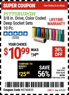 Harbor Freight Coupon 10 PIECE 3/8" DRIVE COLOR CODED DEEP WALL SOCKET SETS Lot No. 69344/93264/69346/93265 Expired: 4/7/22 - $10
