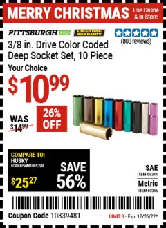 Harbor Freight Coupon 10 PIECE 3/8" DRIVE COLOR CODED DEEP WALL SOCKET SETS Lot No. 69344/93264/69346/93265 Expired: 12/26/21 - $10.99