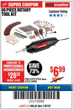 Harbor Freight Coupon 80 PIECE ROTARY TOOL KIT Lot No. 68986/97626/63292/63235 Expired: 7/8/18 - $6.99