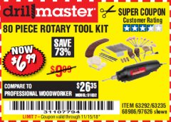 Harbor Freight Coupon 80 PIECE ROTARY TOOL KIT Lot No. 68986/97626/63292/63235 Expired: 11/15/18 - $6.99