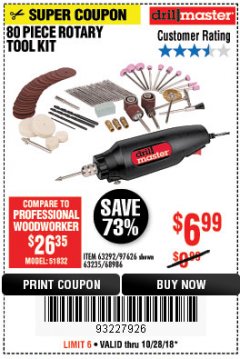 Harbor Freight Coupon 80 PIECE ROTARY TOOL KIT Lot No. 68986/97626/63292/63235 Expired: 10/28/18 - $6.99