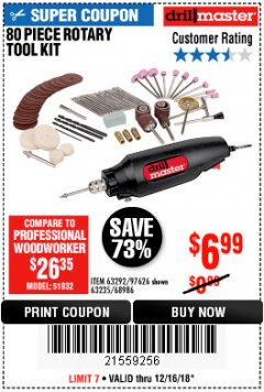 Harbor Freight Coupon 80 PIECE ROTARY TOOL KIT Lot No. 68986/97626/63292/63235 Expired: 12/16/18 - $6.99