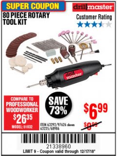 Harbor Freight Coupon 80 PIECE ROTARY TOOL KIT Lot No. 68986/97626/63292/63235 Expired: 12/17/18 - $6.99
