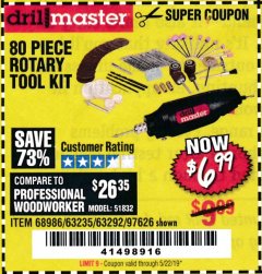 Harbor Freight Coupon 80 PIECE ROTARY TOOL KIT Lot No. 68986/97626/63292/63235 Expired: 5/22/19 - $6.99