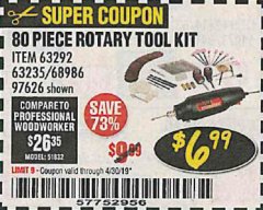 Harbor Freight Coupon 80 PIECE ROTARY TOOL KIT Lot No. 68986/97626/63292/63235 Expired: 4/30/19 - $6.99