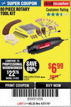 Harbor Freight Coupon 80 PIECE ROTARY TOOL KIT Lot No. 68986/97626/63292/63235 Expired: 4/21/19 - $6.99