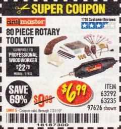 Harbor Freight Coupon 80 PIECE ROTARY TOOL KIT Lot No. 68986/97626/63292/63235 Expired: 7/31/19 - $6.99