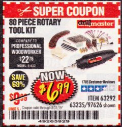 Harbor Freight Coupon 80 PIECE ROTARY TOOL KIT Lot No. 68986/97626/63292/63235 Expired: 8/31/19 - $6.99