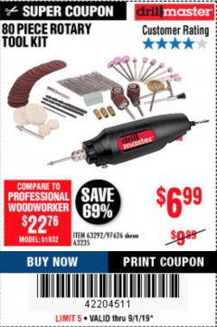 Harbor Freight Coupon 80 PIECE ROTARY TOOL KIT Lot No. 68986/97626/63292/63235 Expired: 9/1/19 - $6.99