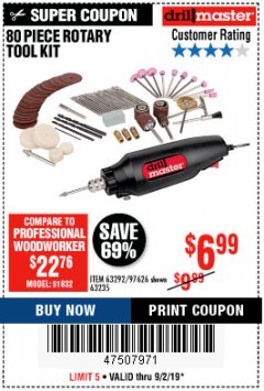 Harbor Freight Coupon 80 PIECE ROTARY TOOL KIT Lot No. 68986/97626/63292/63235 Expired: 9/2/19 - $6.99
